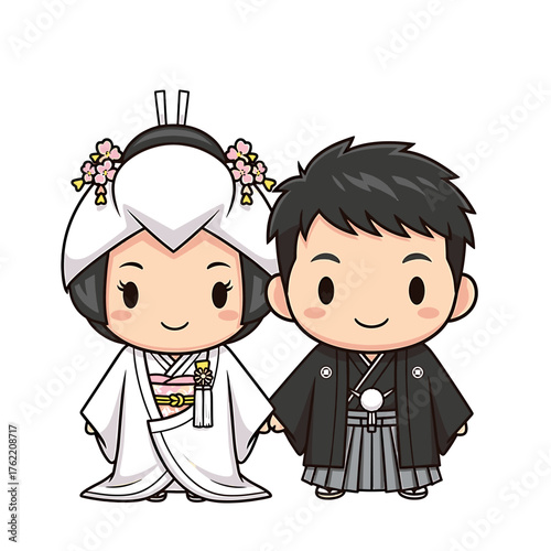 A cartoon illustration of a Japanese bride and groom holding hands, smiling.