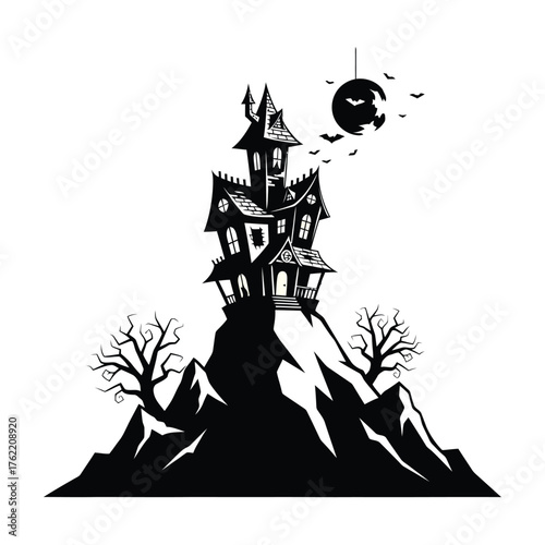 Spooky haunted house silhouette on a hill with bats and moon