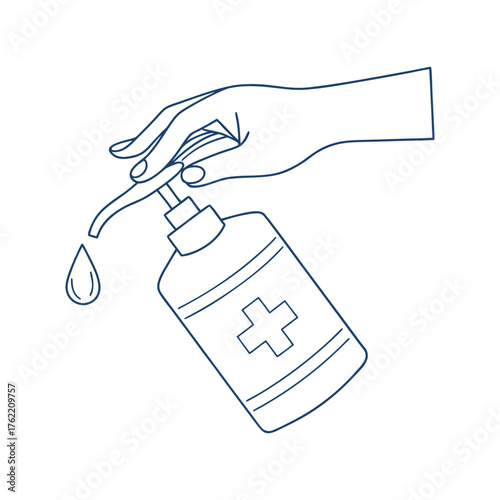 Hand dispensing sanitizer drops from bottle hygiene and cleanliness concept art isolated on white background
