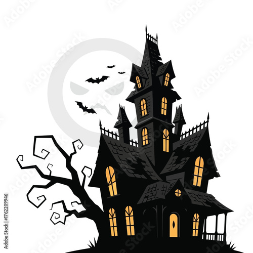 Creepy haunted mansion with full moon and bats isolated on white background