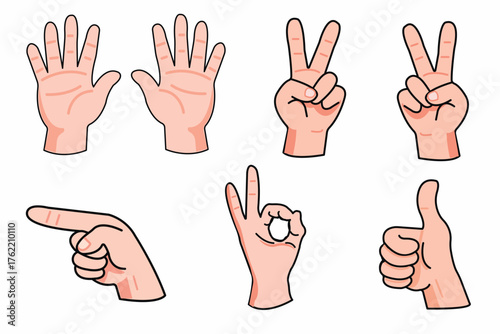 A set of stickers featuring a hand demonstrating various gestures waving, showing a thumbs up, showing peace, showing a heart, showing an open palm, clenching a fist, pointing a finger