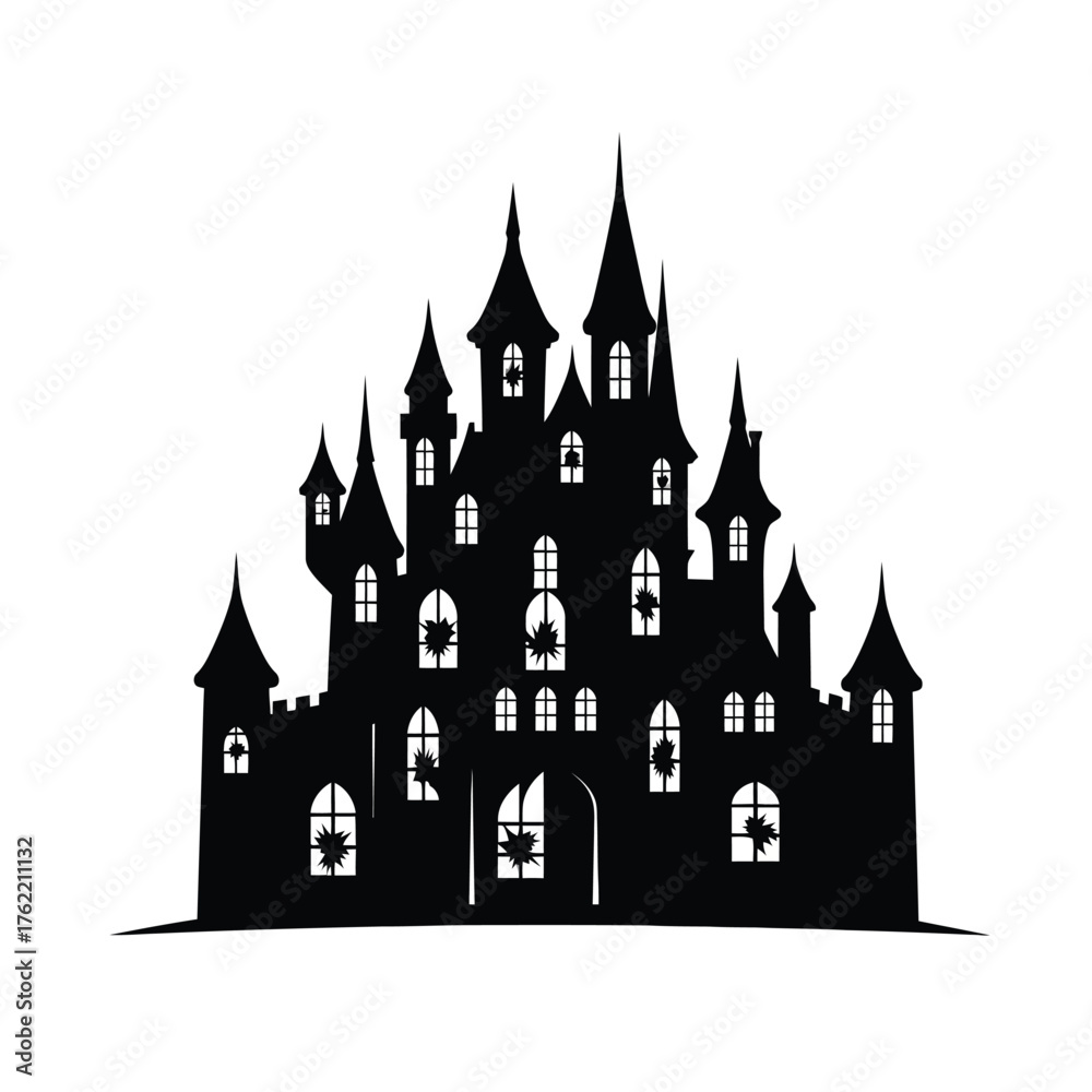 Obraz premium Silhouette of a large, imposing gothic castle with many towers