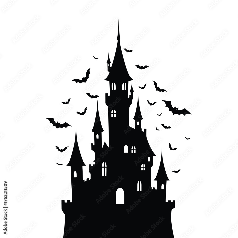 Fototapeta premium Silhouette of a gothic castle with many bats flying around it