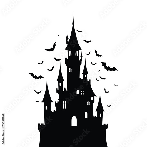 Silhouette of a gothic castle with many bats flying around it