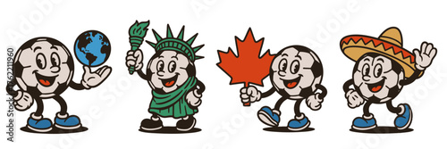 Set of vintage soccer ball mascots in action with happy expressions, for sports and event graphics
