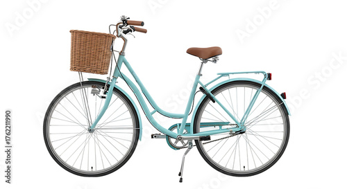 Retro light blue cruiser bicycle with a woven basket on the front handlebars isolated on transparent background