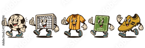 Vintage cartoon football mascot collection with soccer ball, goal, shirt and pitch