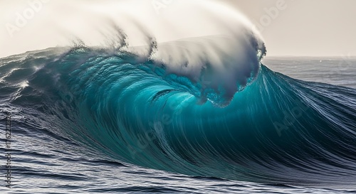 Fototapeta Naklejka Na Ścianę i Meble -  A large, curling ocean wave showcases a brilliant turquoise hue in its translucent interior against a cloudy sky. The ocean appears choppy