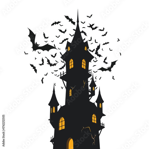 Gothic castle with glowing windows and bats flying isolated on white background