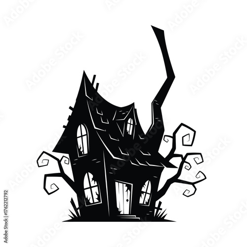 Spooky haunted house silhouette isolated on white background