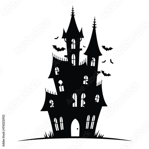 Gothic haunted castle silhouette with bats isolated on white background