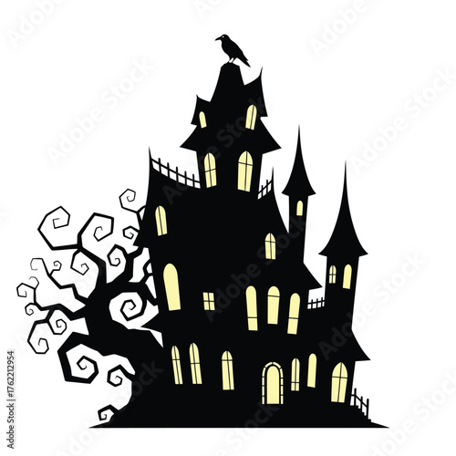Creepy haunted mansion silhouette with crow isolated on white background