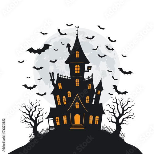Haunted house with bats and full moon