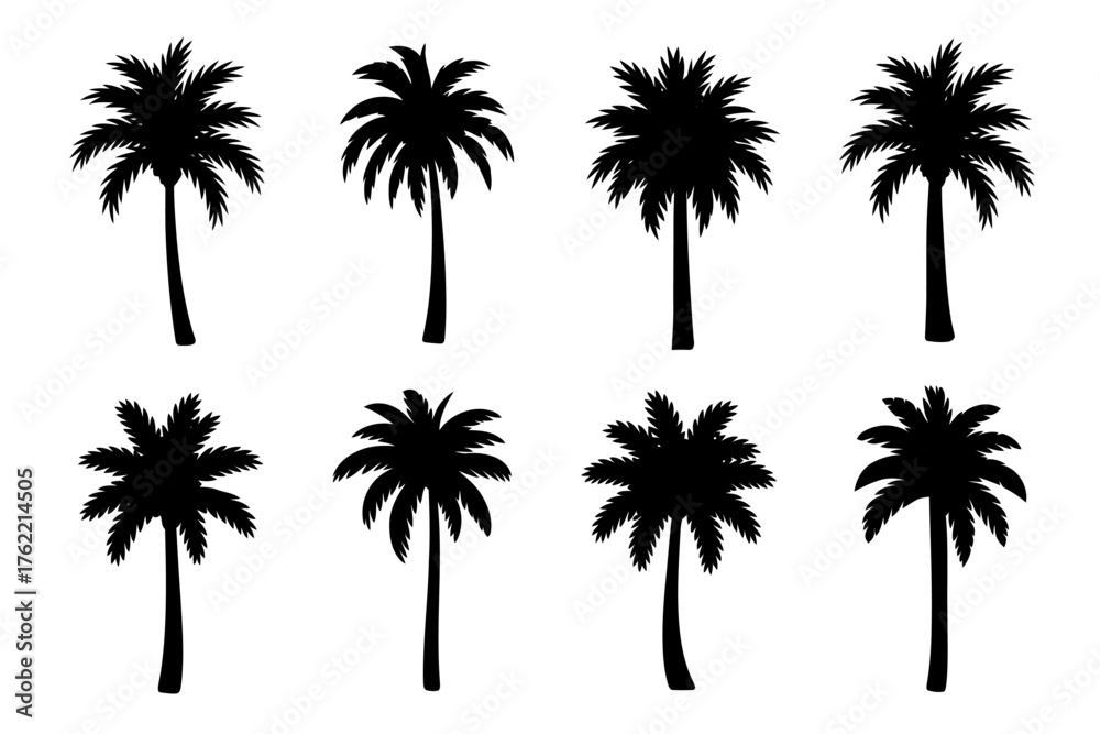 Fototapeta premium Eight distinct black silhouette palm trees for tropical designs