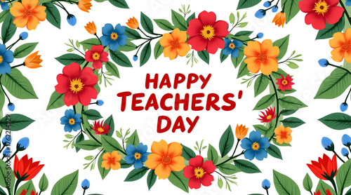 Vibrant floral wreath frames 'Happy Teachers Day' message, perfect for expressing gratitude and celebrating educators with colourful blossoms