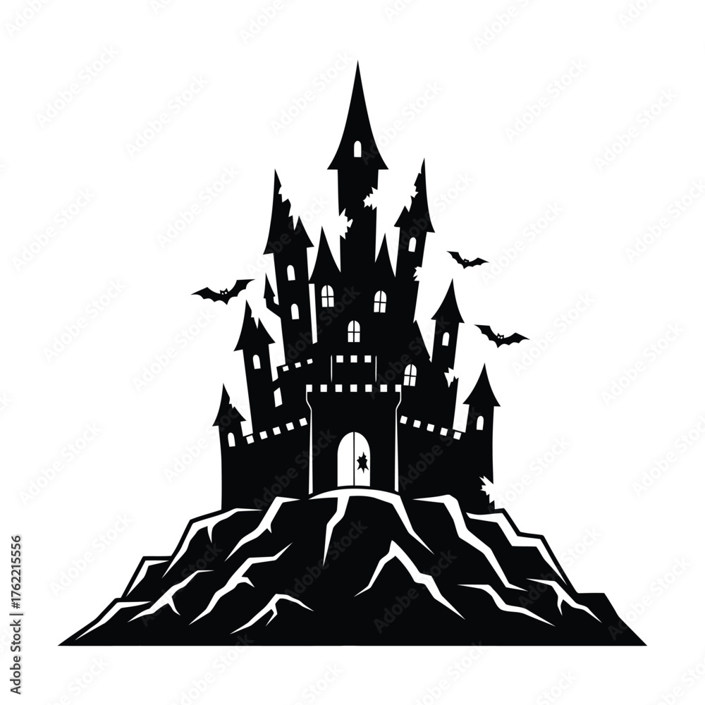 Obraz premium Silhouette of a spooky castle with bats flying isolated on white background