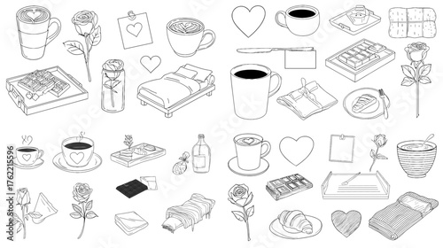 Minimalist hand-drawn coffee cups, chocolate bars, roses, and cozy breakfast items in black and white line art. Perfect for Valentine’s Day, cozy lifestyle, and café-themed design collections.