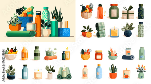 Eco-friendly lifestyle illustration set with plants, candles, fruits, yoga mats, and bottles in soft modern tones. Perfect for wellness branding, organic product packaging, and healthy living design.