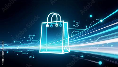 Digital shopping bag illuminated by futuristic technology elements