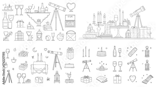 Minimalist line art collection showing romantic dinner table, telescopes, candles, and gifts. Ideal for Valentine’s Day, love events, or astronomy-inspired date night illustrations and prints.