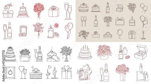 Elegant line art illustration collection of celebration and romantic elements including cakes, flowers, gifts, candles, and balloons. Perfect for wedding invitations or Valentine’s Day designs.