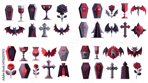 Dark gothic vector illustration set with coffins, bats, crosses, roses, and goblets in red and black tones. Perfect for vampire parties, Halloween decor, or gothic fantasy design themes.