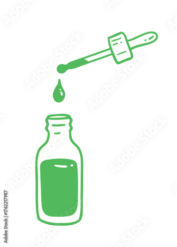 Simple green line art of a dropper bottle with a falling drop. Ideal for aromatherapy, spa, skincare, and natural product branding.