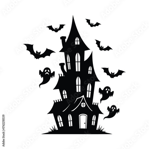 Haunted house silhouette with ghosts and bats isolated on white background