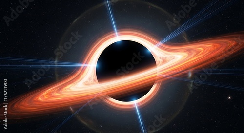 A mesmerizing depiction of a cosmic marvel. At its center, a dark entity bends light, surrounded by glowing rings. Cosmic rays emanate