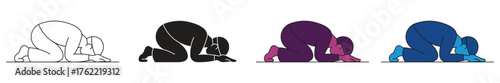 Islamic Sujud Prayer Position Icon Set. Muslim Devotional Practices. Vector Illustration.
