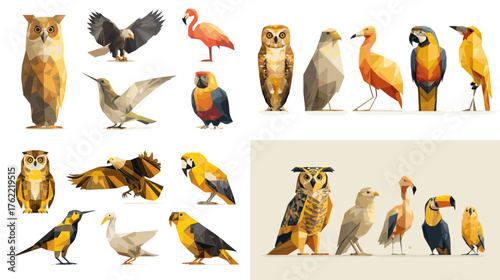 Set of low poly geometric birds including owl, flamingo, toucan, and macaw. Modern polygonal wildlife design ideal for nature and animal artwork projects.