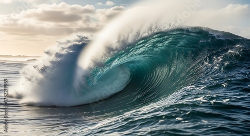 Fototapeta Naklejka Na Ścianę i Meble -  A mesmerizing ocean wave curls, revealing its turquoise inner beauty. The sun casts a warm glow on the turbulent water