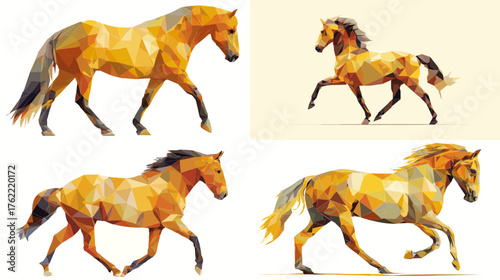 Low poly geometric horse illustrations in motion, showcasing dynamic poses and modern polygonal art style. Perfect for wildlife, sport, or abstract design projects.