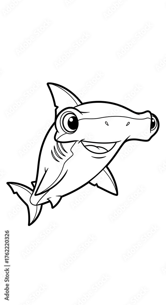 Obraz premium A line drawing of a hammerhead shark with a cute expression. Black and white, it could be used for coloring
