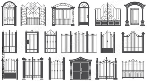 A comprehensive set of isolated monochrome gate designs. This diverse vector collection features classic and modern fence and entrance styles, perfect for architectural and design projects