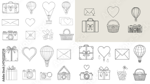 Minimalist travel and love line icons with suitcase, camera, heart, basket, gift, and hot air balloon. Perfect for romantic trip, honeymoon, or postcard design.