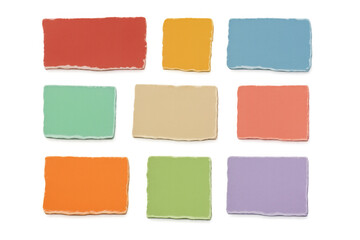 Torn colorful paper pieces set with ripped edges, offering blank textured design elements on transparent background