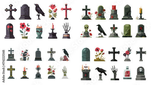 Dark gothic Halloween icons with gravestones, crosses, candles, ravens, and skulls. Ideal for horror, cemetery, spooky night, or gothic themed design projects.