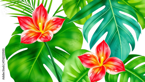 Vibrant tropical flowers with lush monstera and palm leaves. Exotic summer botanical clipart on transparent background.