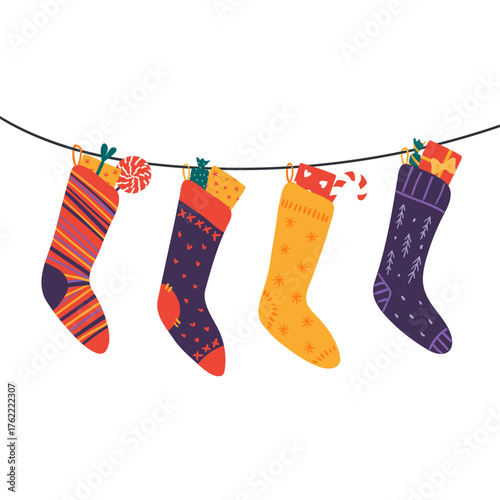 Hanging Christmas stockings filled with presents, isolated on transparent. Hand drawn flat vector illustration. Traditional holiday, Epiphany, Three Kings Day, seasonal design element, clip art