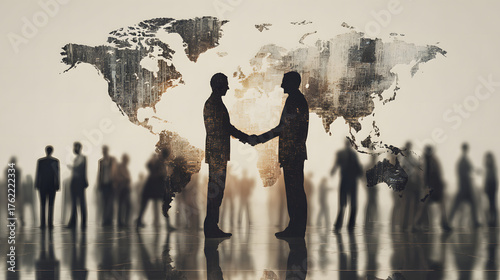 Two silhouetted business people shaking hands in front of a world map and crowd