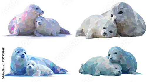 Low-poly vector illustration of seal mother and pup resting together. Elegant marine wildlife artwork showing tenderness, care, and nature’s beauty in geometric form.