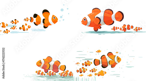 Colorful vector illustration of clownfish family swimming underwater. Marine wildlife artwork showing ocean life, coral reef beauty, and parental care in nature.