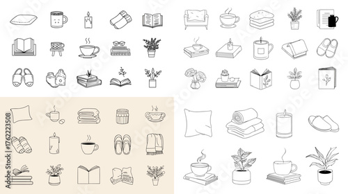 Minimal cozy lifestyle icon set featuring coffee, pillows, candles, and plants. Soft line art perfect for home decor, wellness, or relaxation design projects.