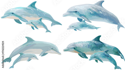 Elegant dolphin family swimming together in the ocean. Vector marine wildlife illustration expressing harmony, freedom, and affection in nature’s blue world.