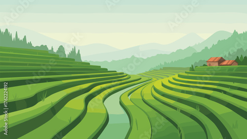 Beautiful Rice Terraces Farm with River Flowing Through
