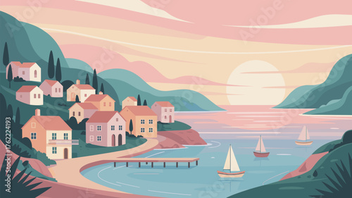 Coastal Town with Pier Vector Illustration
