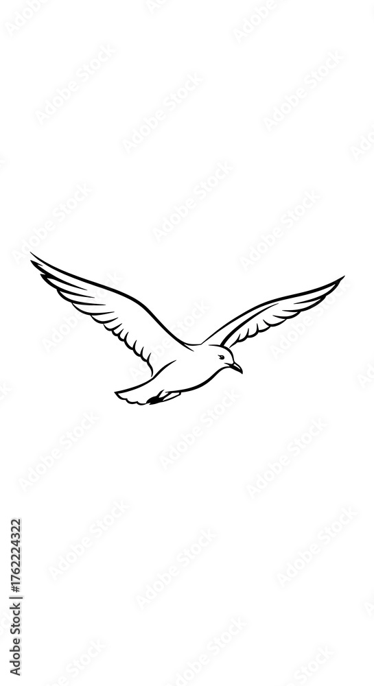 Fototapeta premium A monochrome illustration of a bird in flight, wings outstretched against a white background, capturing movement
