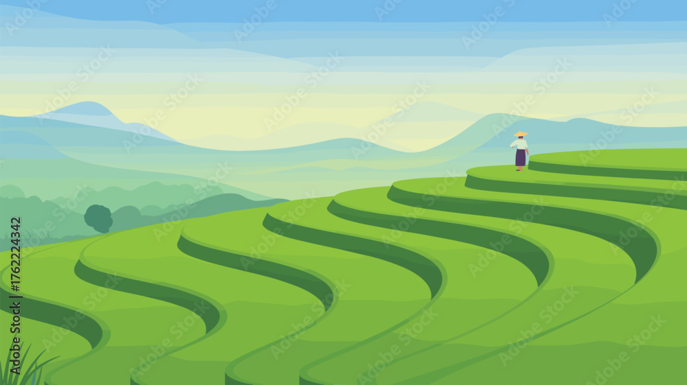 Fototapeta premium Green Rice Terraces with Person Standing