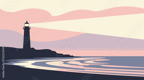 Lighthouse Landscape Scenery Near Ocean Vector Illustration